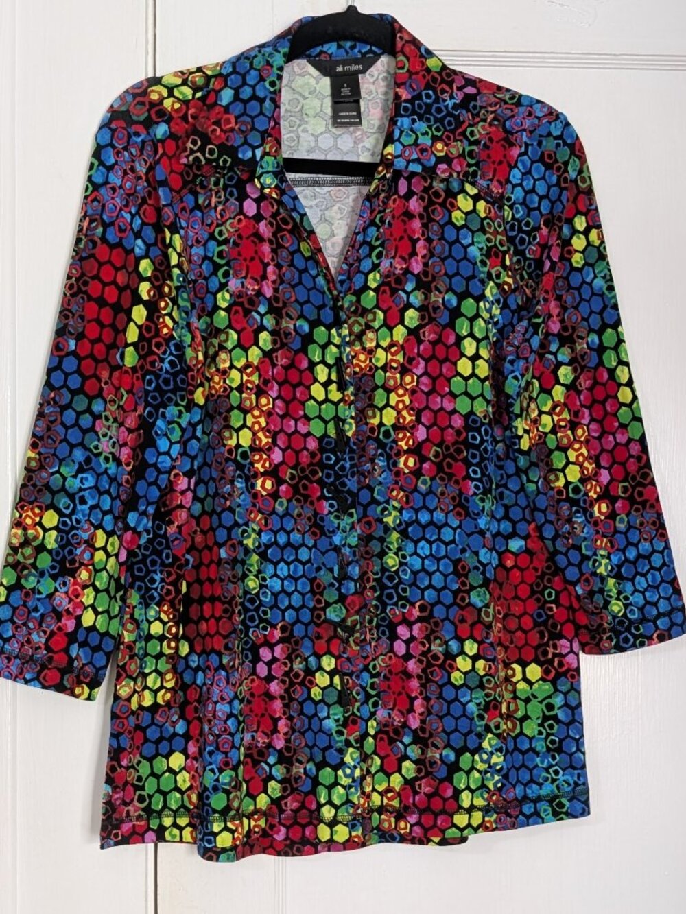 Ali Miles Women's Small 3/4 Sleeve Button Up Tunic Top Abstract Colorful Artsy